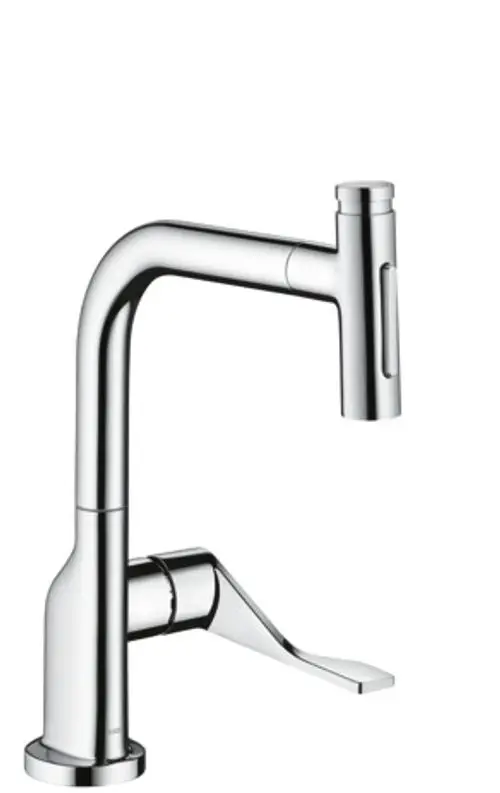 Küchenarmatur von AXOR mit Ausziehbrause und zwei Strahloptionen in verchromtem Finish. Der Auslauf hat eine geschwungene Form und einen seitlichen Hebel für die Bedienung.